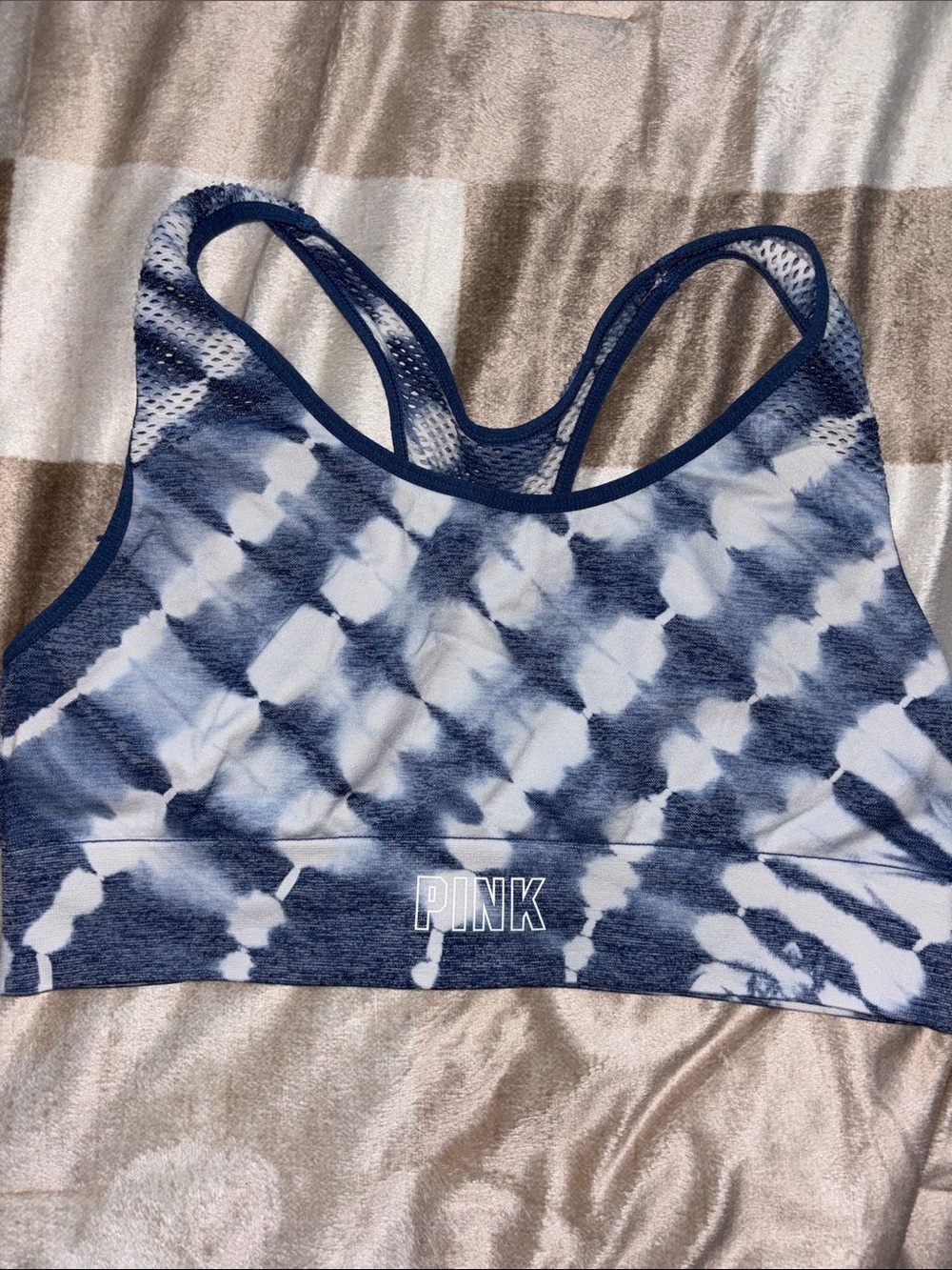 PINK Victoria's Secret Navy and White Tie-Dye Racerback Sports Bra